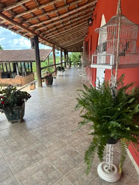 Varanda comprida do Recanto Vitória, com samambaias e vasos ao longo do corredor